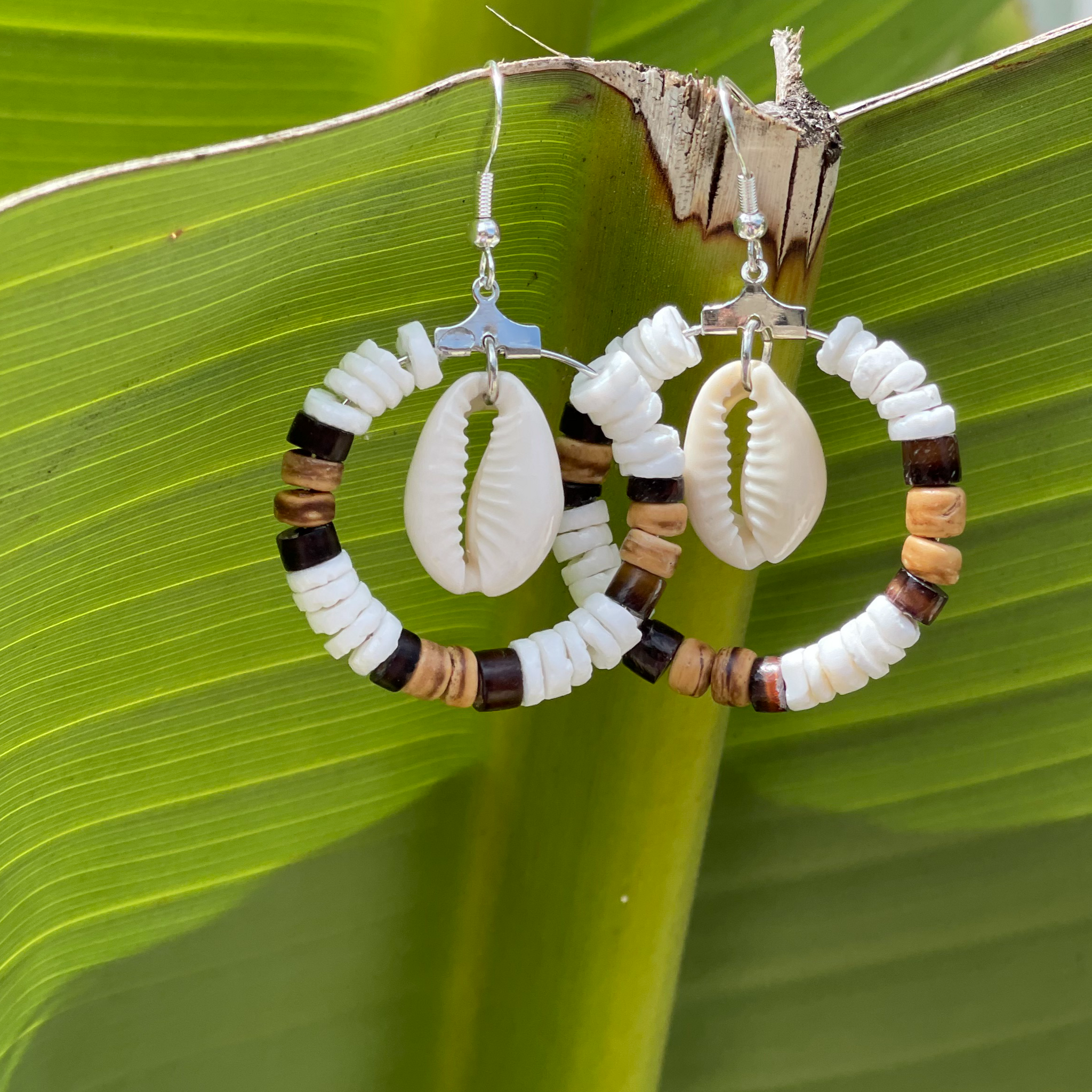 Reverse Coco Striped Earrings with Cowrie