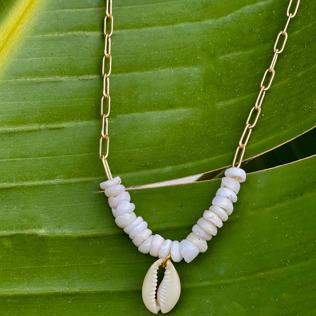 Gold Paperclip Necklace with Puka/Cowrie