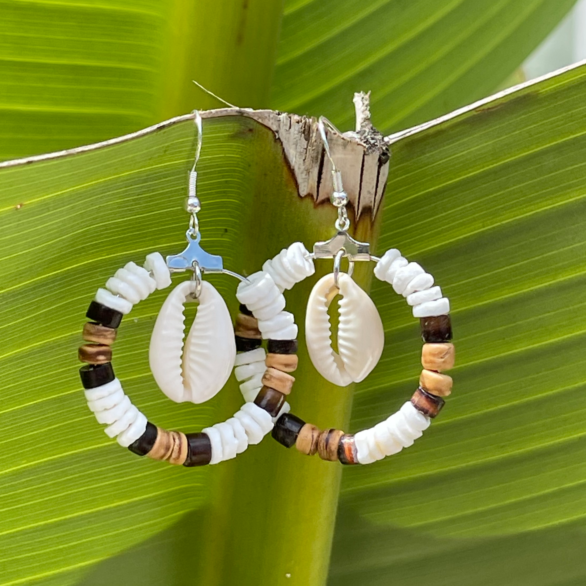 Reverse Coco Striped Earrings with Cowrie